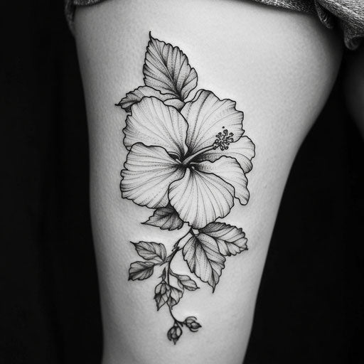 Hibiscus flower tattoo on a Pure White Background in the style of Adrian Smith on a thigh