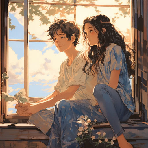 Love on sunny window sill, animated gif style, shin hanga