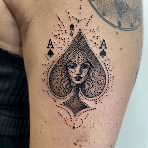 Queen of spades tattoo in pointillism style on white