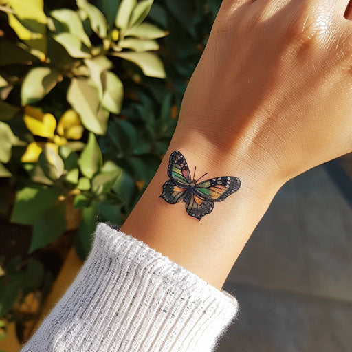 Small butterfly wrist tattoos, in the style of Maria Sibylla Merian