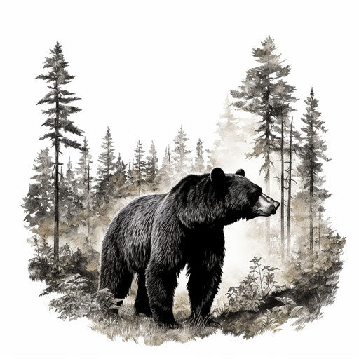 Black bear with trees on white background, tattoo style