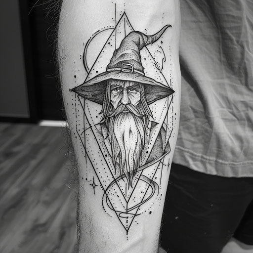 Outline tattoo of a wizard, in the style of Peter Jackson