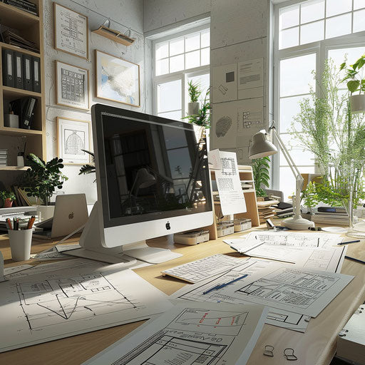 Engineer's office with CAD drawings and prototypes