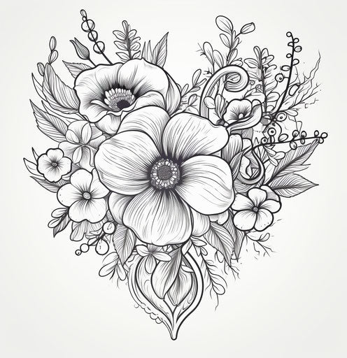 Floral flower and heart doodle for coloring