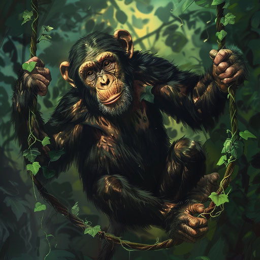 Chimpanzee playing with vines in a tropical rainforest