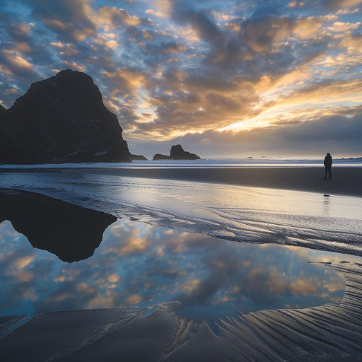 Sunny beach with ethereal twilight and reflective waters