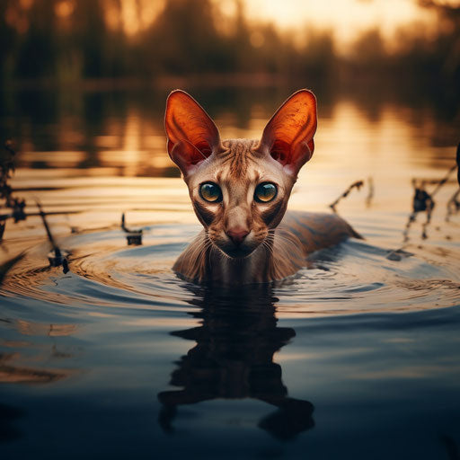 Oriental shorthair cat swimming in a lake by the shore