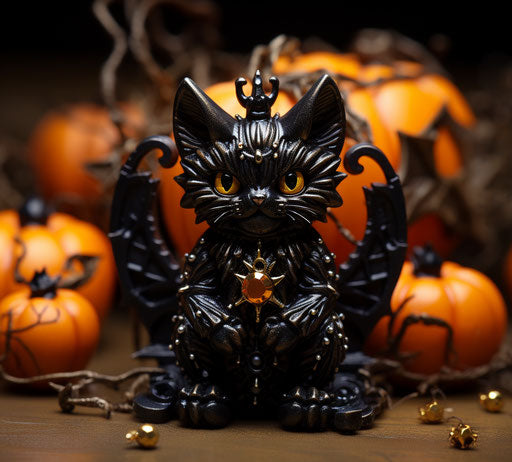 Black cat with pumpkins on mouth, resin jewelry style, storybook, detailed costumes, massurrealism, manticore 29:26