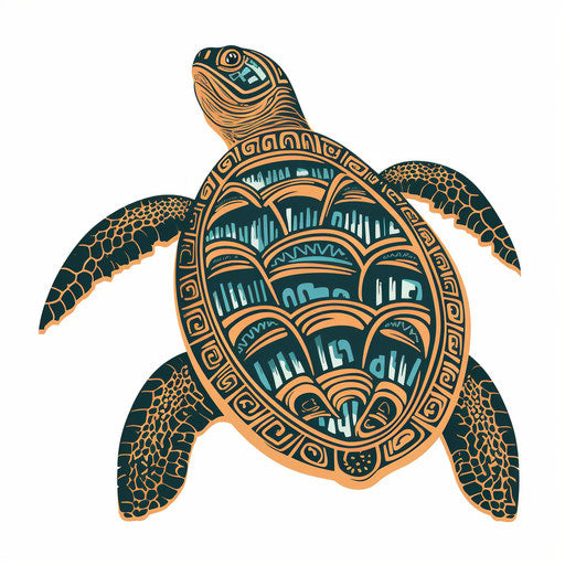 Aged sea turtle with minimalist indigenous patterns