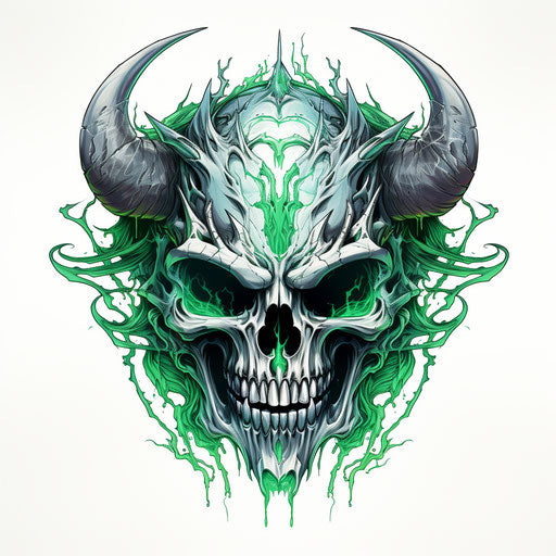 Evil demon skull with green eyes in white and silver acidwave style