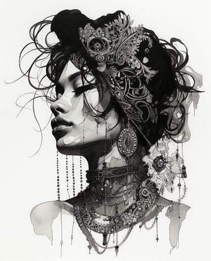 Elegant woman with jewelry, dark and romantic style