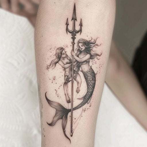 Whimsical trident tattoo with fantasy creatures on white background