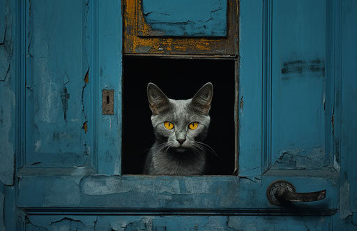 Blue bedroom doors, gray cat, high quality photo style