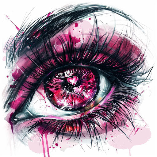 Romantic tattoo sketch of an eyeball with hearts reflected in the iris, in deep reds and pinks, in a passionate clipart style