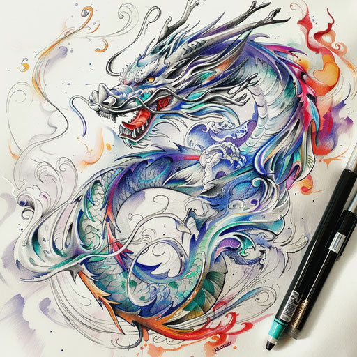 Fantasy tattoo sketch of a silver dragon with whimsical elements and vibrant colors