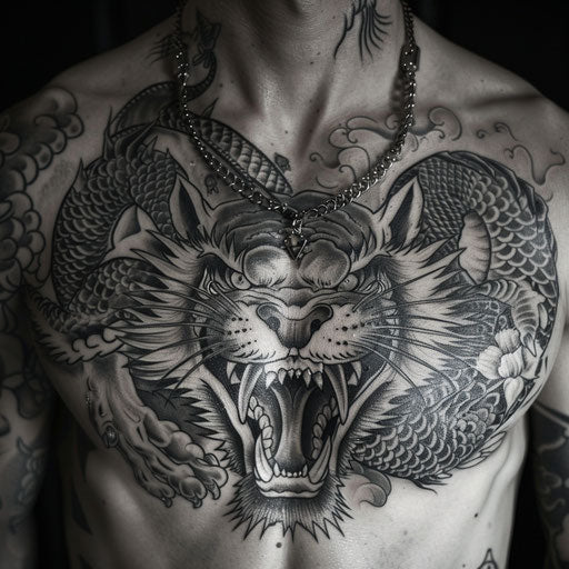 Men's chest tattoo with fierce animal designs, Ami James style