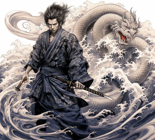 Japanese artist with sword, classic tattoo motifs