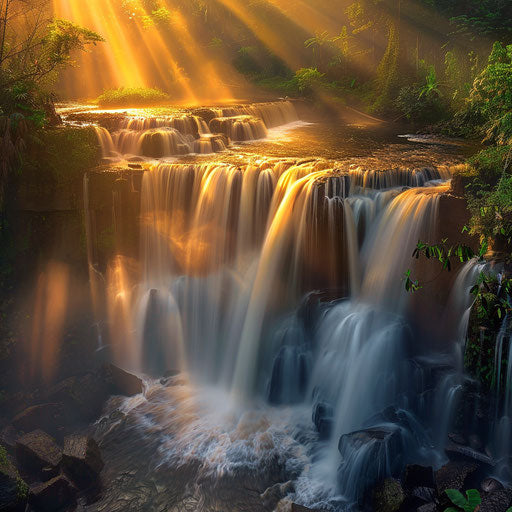 Tegenungan Waterfall with golden light and cascading water