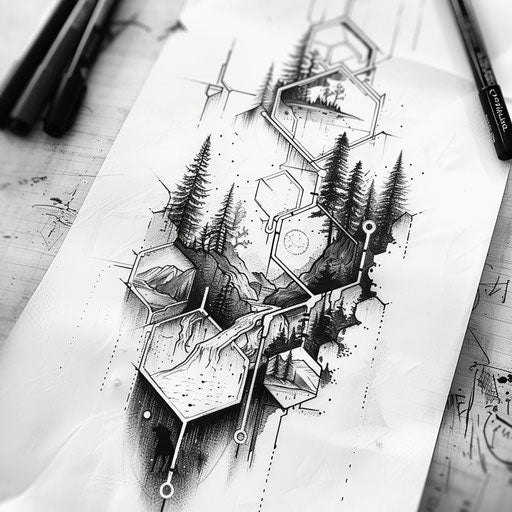Dynamic flat tattoo sketch of hexagons morphing into natural landscapes