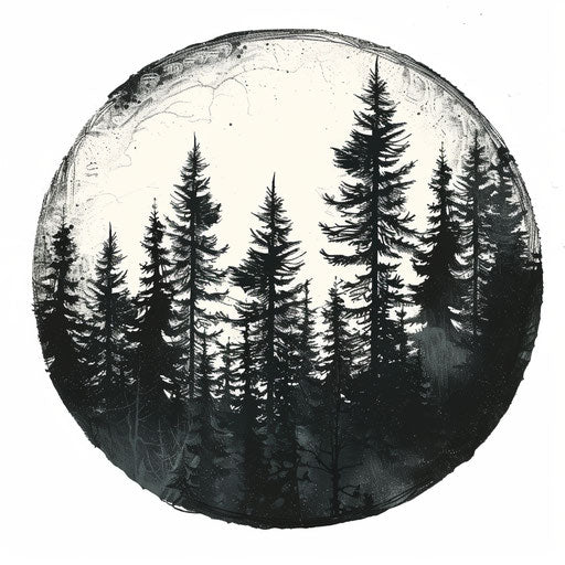 Dense pine forest tattoo sketch in rustic woodcut clipart style
