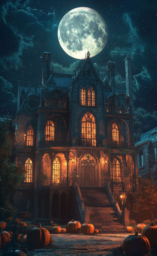 Haunted house with pumpkins, dark fantasy illustration