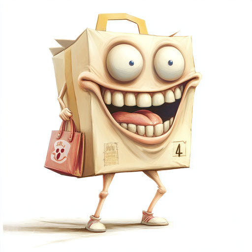 Humorous caricature of a milk carton caricature clipart with human characteristics, exaggerated toothy teeth, thin legs, carrying a bag, vibrant colors, cartoon style, surprised, high-resolution, no background, isolated