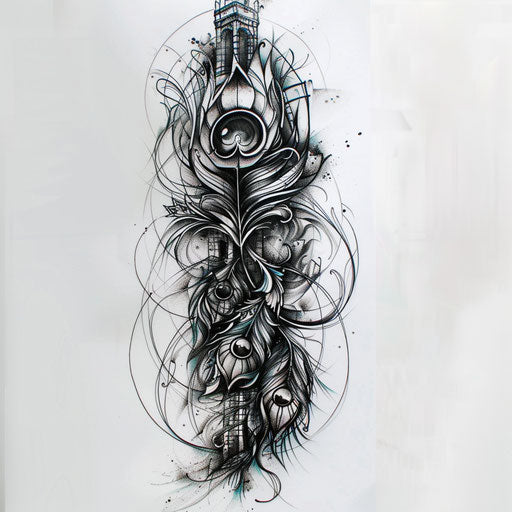 Sketch of gothic peacock feather tattoo with architectural elements