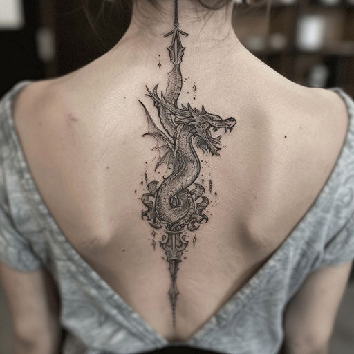 Spine tattoo with mythical creatures theme for women