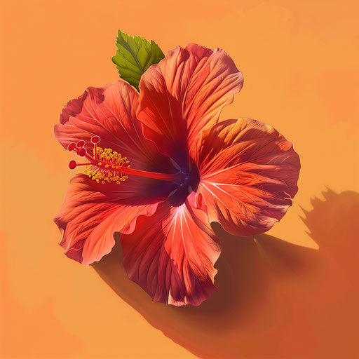 Realistic hibiscus flower on sunset orange backdrop