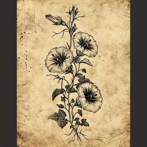 Rustic tattoo sketch of morning glory with earthy tones
