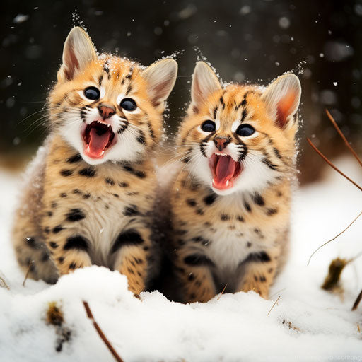 Serval cat kittens playing in the snow