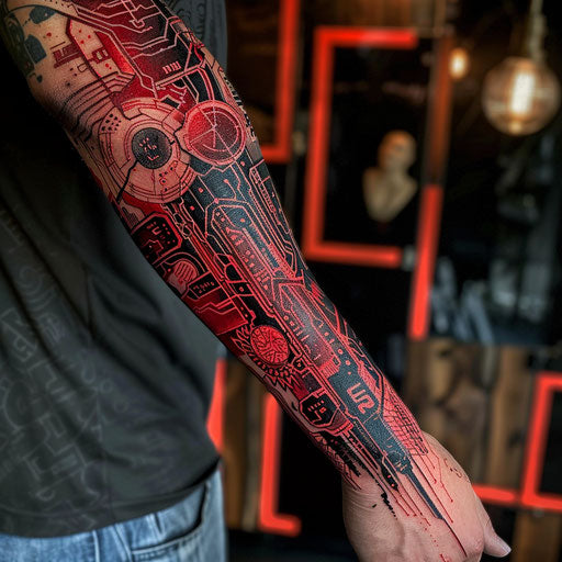 Red tattoos with cyberpunk motifs, Adrian Smith style