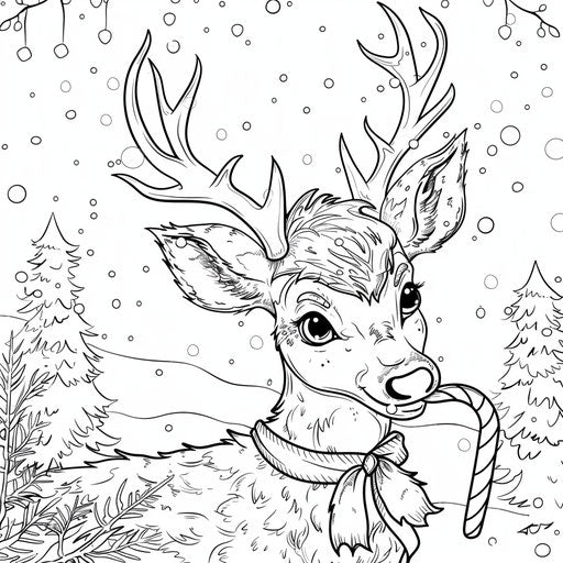 Playful scene of a reindeer holding a candy cane in its mouth