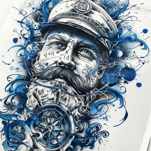 Nautical tattoo sketch of a captain's mustache with maritime elements and blue tones