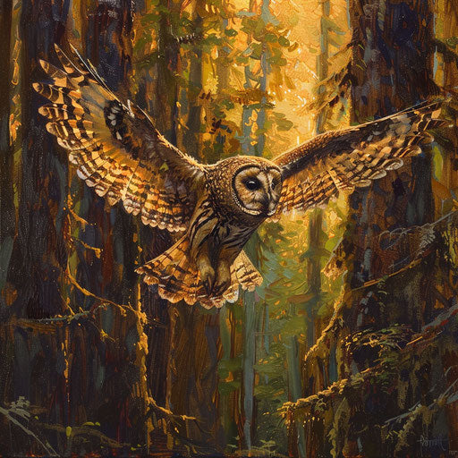 Spotted owl soaring in ancient forest at sunset