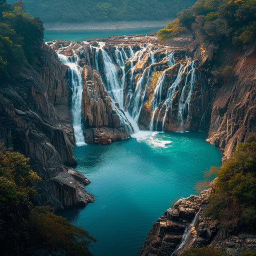 Dudh Sagar Waterfalls with bright blue waters and dynamic cliffs