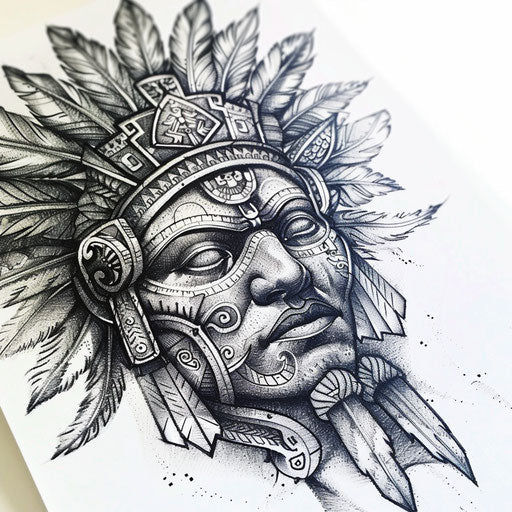Aztec warrior mask in dotwork tattoo on white background