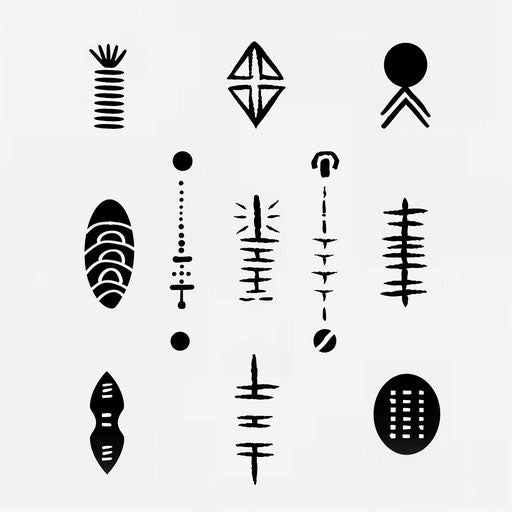 Minimalist African symbols as tattoos on white background