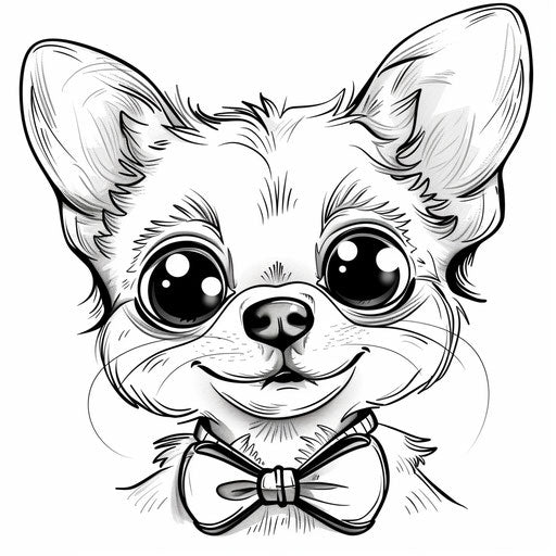 A whimsical cartoon chihuahua with a big head and expressive eyes, wearing a bow tie. Coloring book page