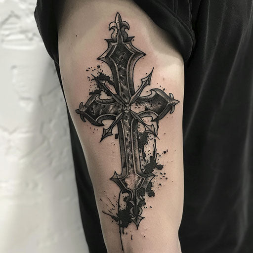 Elbow tattoo of a gothic cross, in the style of Gerald Brom, on the elbow
