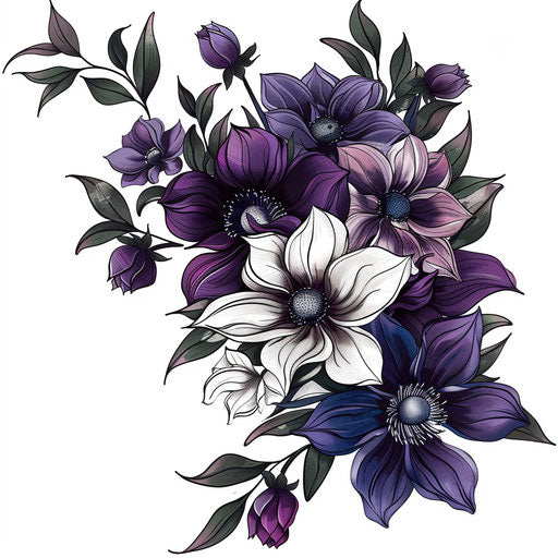 Dynamic flat tattoo sketch of cascading bouquet, dramatic