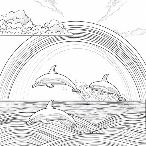 Rainbow over ocean with leaping dolphins