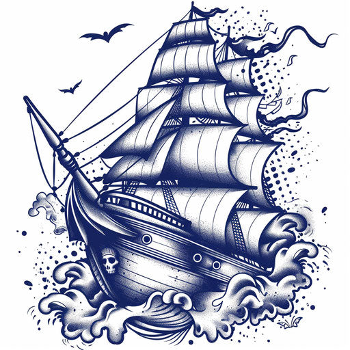 Traditional pirate ship tattoo in navy blue and white