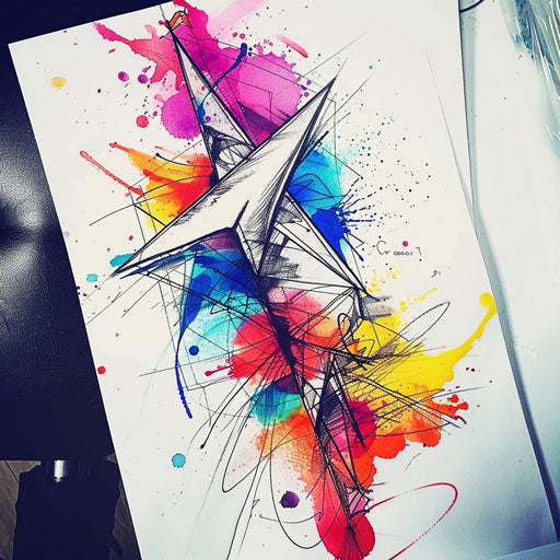 Dynamic tattoo sketch of a paper airplane with abstract splashes of bright colors