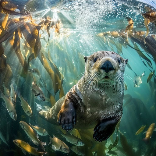 Enchanting underwater view of a sea otter swimming with fish
