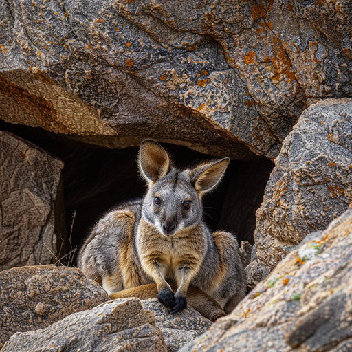 Grey twilight, Rock Wallaby resting near rocky den