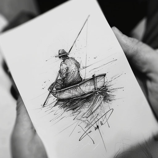 Elegant black and grey tattoo design of a fisherman in a boat
