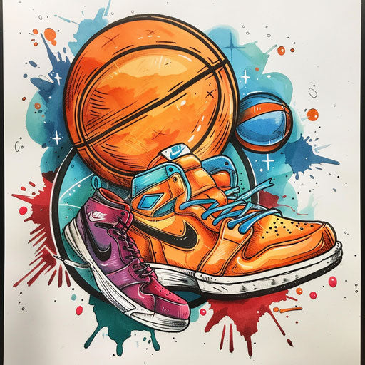 Creative flat tattoo sketch of a basketball and sneakers