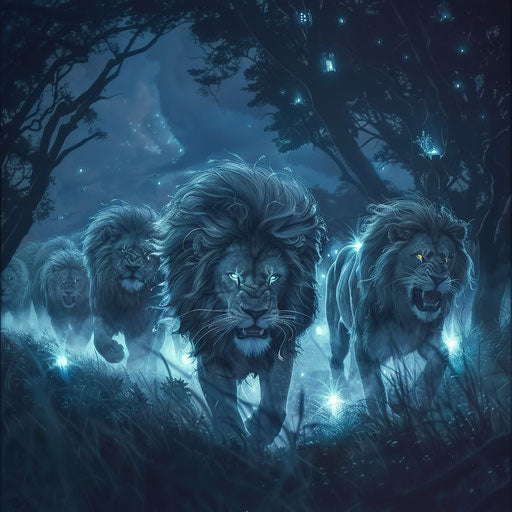 Mystical lions with glowing manes guide lost travelers at night.