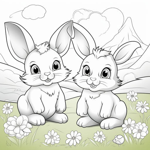 Two bunnies sitting in the field coloring pages together